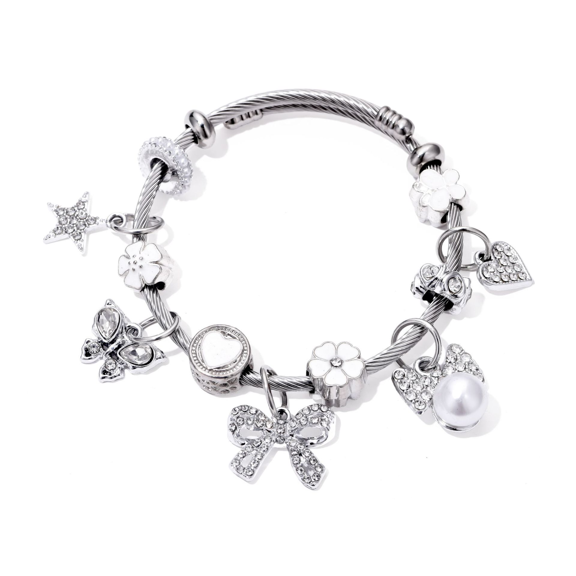 2026 Panjia Style New Product Alloy Oil-drip White Butterfly Flower With Rhinestone Bow DIY Bracelet Wholesale_voghion.com