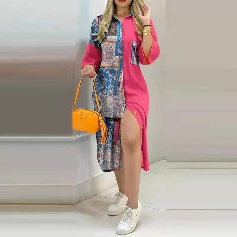 Women's Shirt Dress Casual Turndown Printing Patchwork 3/4 Length Sleeve Printing Midi Dress Daily display picture 1