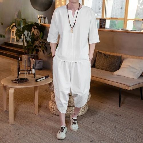 Retro Summer Linen Set for Men - Chinese Style Loose Short-Sleeve Large Collar 7/8 Pants Two-Piece Set Men's Clothing