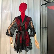 FQ2856法式性感透视睡袍浴袍蕾丝缎面袖口开叉设计情趣内衣