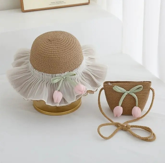 Sombrero de paja para niña de verano Estilo de verano Princesa Playa Protector solar Sombrero grande Sombrero de pescador de tulipán Sombrero de paja
