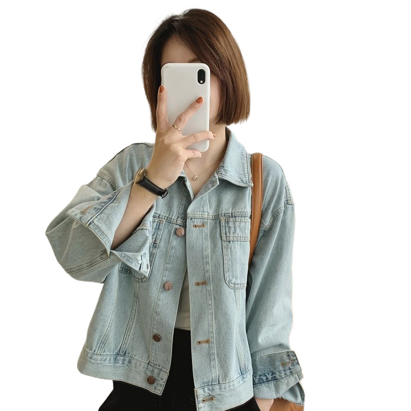 한국식 세탁기 빈티지 옷깃 데님 쇼트코트 여자 가을 새 느슨한 슬리밍 단순 올매치 긴팔 셔츠