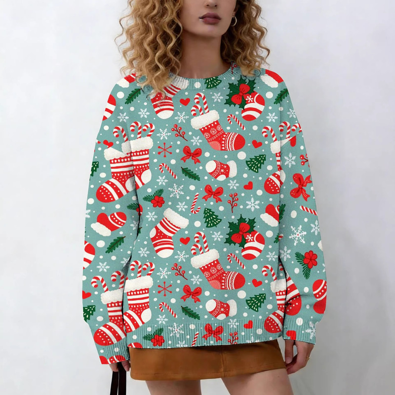Cross-Border Amazon Christmas Stocking Print Christmas Ugly Sweater for Women, Autumn and Winter Loose Round Neck Festive Atmosphere Knitwear for Women