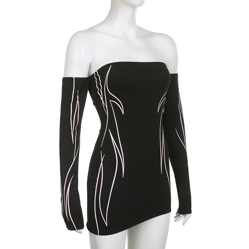 Women Clothing Striped Printed Skinny Off Shoulder Tube Top Dress Sheath