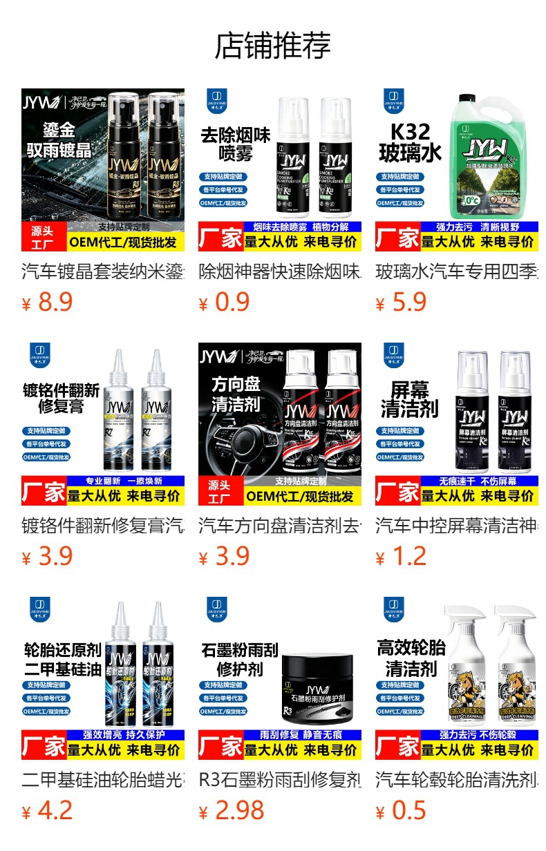 Car accessories: rain and fog repellent, car glass water repellent, car rearview mirror defogger and rain remover, glass cleaner