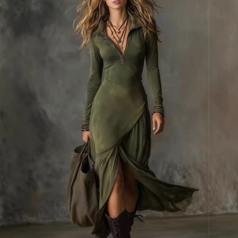 Amazon Independent Site 2025 European and American Cross-Border Bohemian Style Half-Zip Lapel Slit Mid-Length Dress for Women Amazon Independent Site 2025 European and American Cross-Border Bohemian Style Half-Zip Lapel Slit Mid-Length Dress for Women