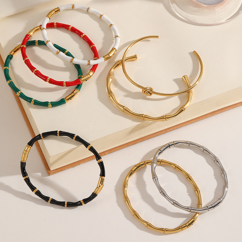European and American Style Bamboo Joint Cuff Bracelet, High-End Bamboo Joint Design, 18K Gold Plated Women's Open Bracelet, Titanium Steel Bracelet Wholesale European and American Style Bamboo Joint Cuff Bracelet, High-End Bamboo Joint Design, 18K Gold Plated Women's Open Bracelet, Titanium Steel Bracelet Wholesale