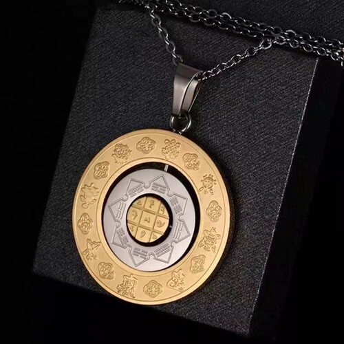 Cross-border retro classic creative rotatable twelve zodiac nine palaces and eight trigrams Manjusri pendant stainless steel men's necklace