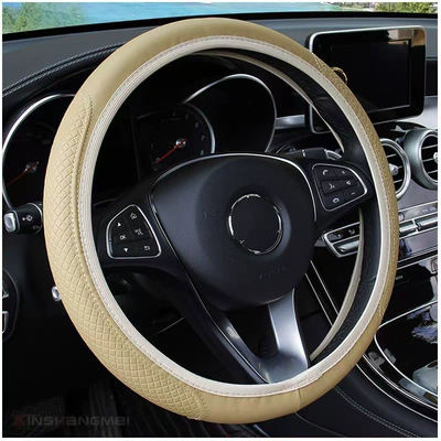 Leather Double Round Elastic Band Steering: Steering wheel cover - beige-38cm