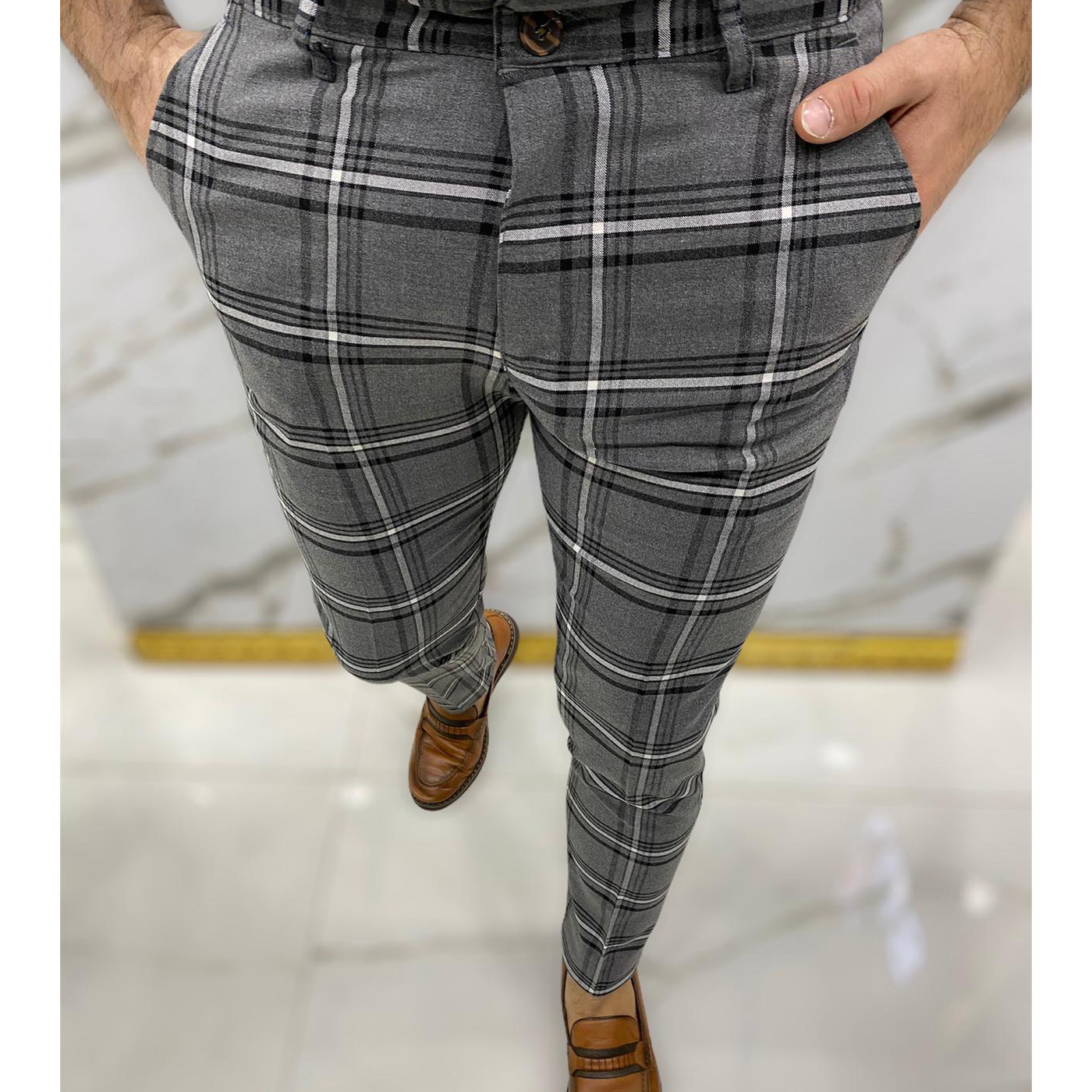 Herren Freizeithose Mit Karomuster Business Stoffhose Elastisch_voghion.com