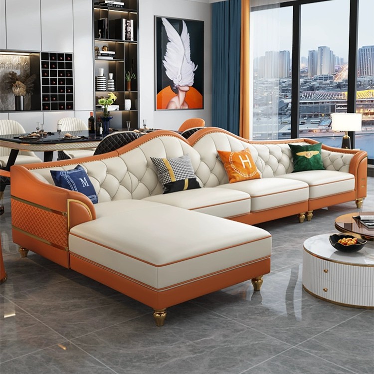 Foshan Factory Light Luxury Genuine Leather Sofa Top Layer Cowhide Living Room Button Corner Sofa Set Color Matching Leather Art Sofa