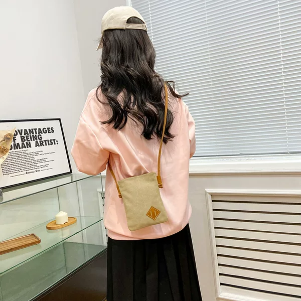 High-grade encrypted canvas with real cowhide large screen vertical canvas mobile phone bag casual light shoulder cross-body coin purse