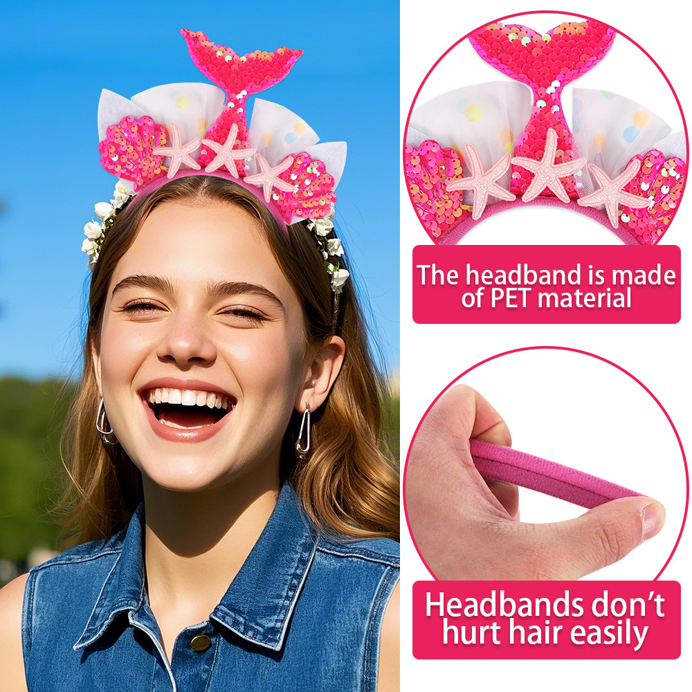 Círculos animados sirena cabello de niños sequilla cola de pez princesa toque de cabeza decoración de fiesta mar estrellas de mar conchas de cabeza de aro