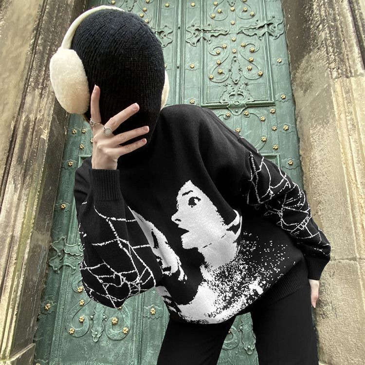European and American Autumn and Winter Dark Gothic Rock Street Pullover Round Neck Knitwears for Men and Women, Loose Large Size Knitwears for Couples European and American Autumn and Winter Dark Gothic Rock Street Pullover Round Neck Knitwears for Men and Women, Loose Large Size Knitwears for Couples