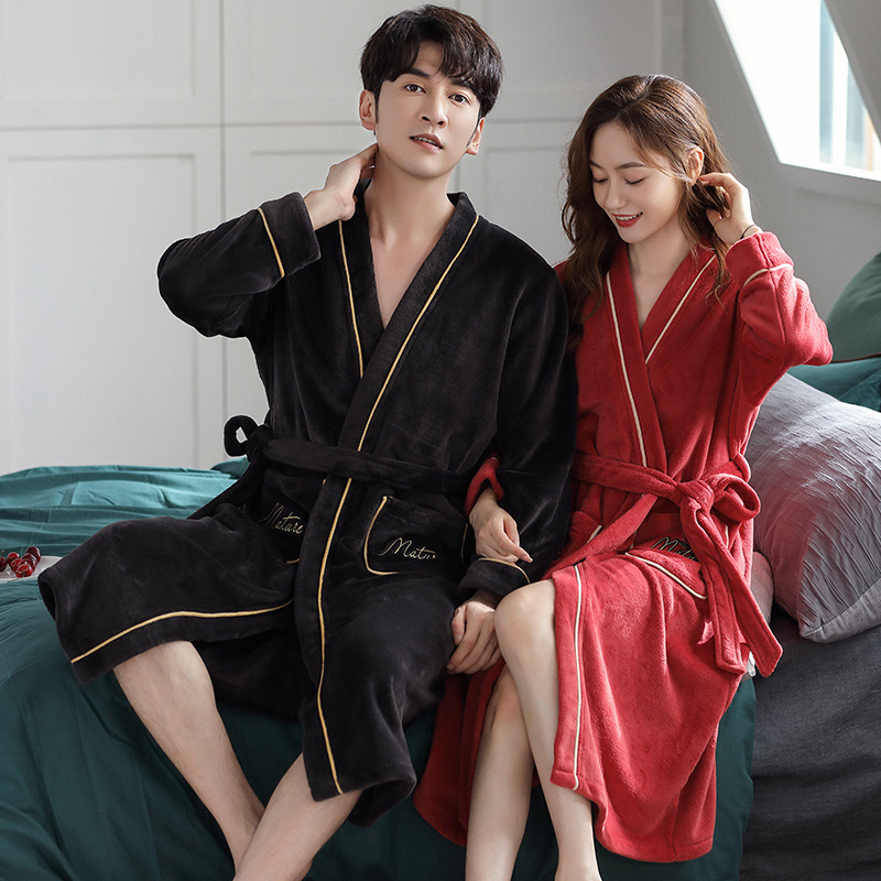 (2개) 새로운 겨울 커플 가운 남성용 목욕 가운 여성용 잠옷 겨울 플란넬 두꺼운 벨벳 산호색 플리스 중간 및 긴