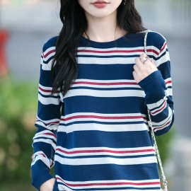薄款长袖t恤条纹针织衫女宽松显瘦百搭毛衣外套外穿上衣女打底衫