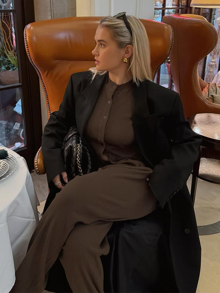 Bộ đồ dệt kim nữ sọc gân dài tay gồm áo cardigan cổ bán cao cài nút và quần dài — Màu nâu, Màu trắng ngà, Màu xám đậm chi tiết 43