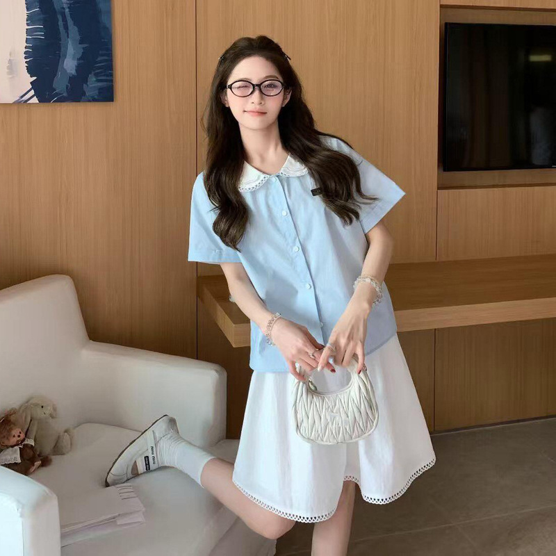 High-End Version m Brand Women's Clothing 2026 Spring New Casual Versatile Doll Collar Letter Patch Shirt Top for Women
