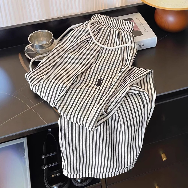 Fashion Vertical Striped Pants Lazy Style Straight Leg Embroidered Pants Spring and Autumn Casual Black and White Scimitar Walking Pants for Women