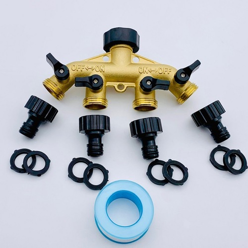 花园黄铜四通分流器园林户外水软管四口分水器接头灌溉浇水分流阀