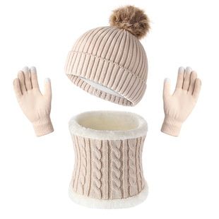 Source manufacturers direct supply winter warm fashion comfortable fur ball style knitted hat scarf gloves three-piece set