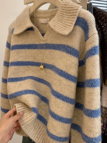 Oversized Blue Striped Polo Collar Long Sleeve Soft Knit Top Sweater for Women, Crew Neck, Fall/Winter New Casual Top