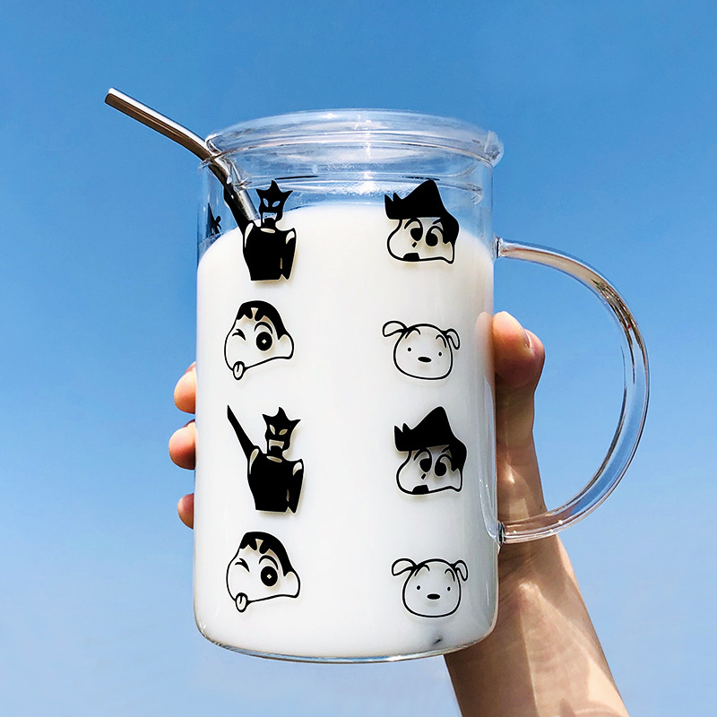 Large-capacity 1L glass cups with handles and lids, suitable for tea and milk, cute cartoon style, with straws, summer cartoon water cups