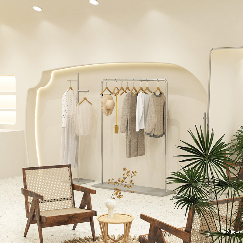 服装店不锈钢拉丝落地式挂衣杆橱窗试衣间中岛陈列架女装店展示架