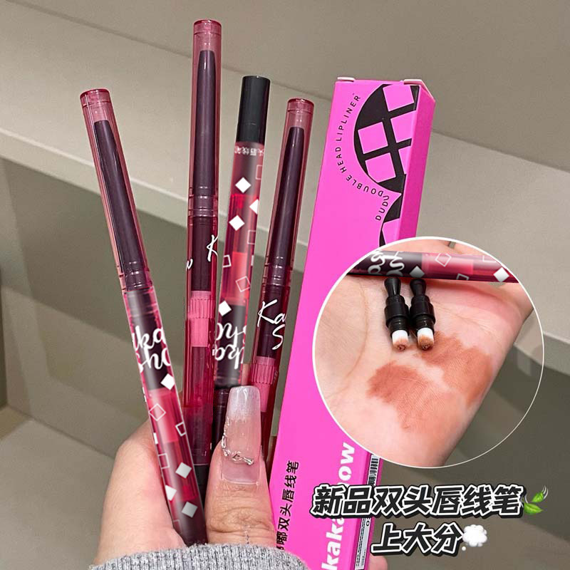 Maquillaje Kakashow doble cabeza lápiz de labio de contorno de labio de color duradero impermeable mate falso fabricante de labio