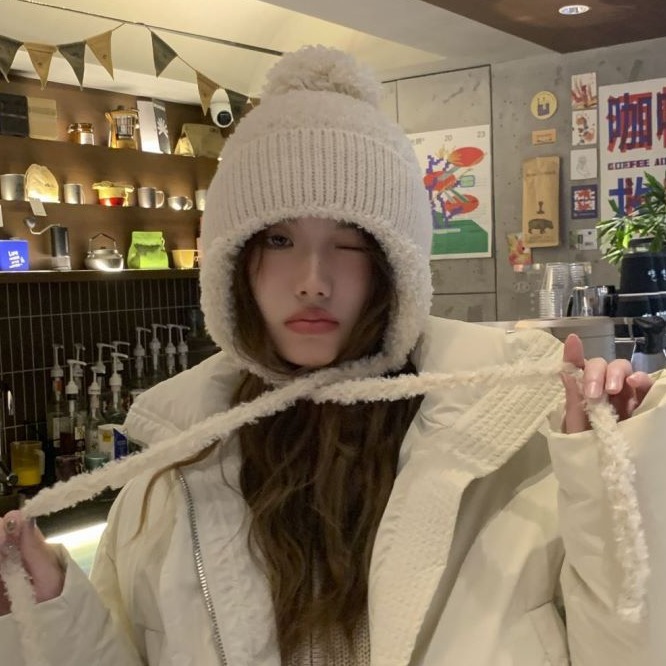 加绒加厚保暖护耳雷锋帽秋冬系绳毛球甜美可爱毛线帽针织百搭帽子