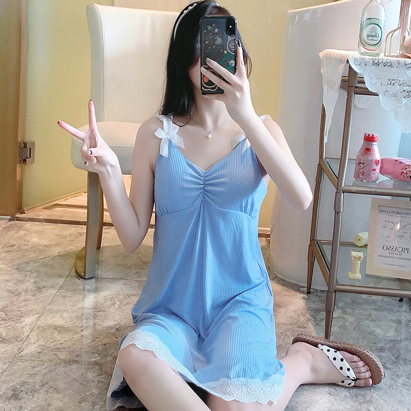 2023 pijamas de verano encaje hilo Honda pecho pad camisón de las mujeres de longitud media color sólido cuello en V dulce hogar comercio exterior