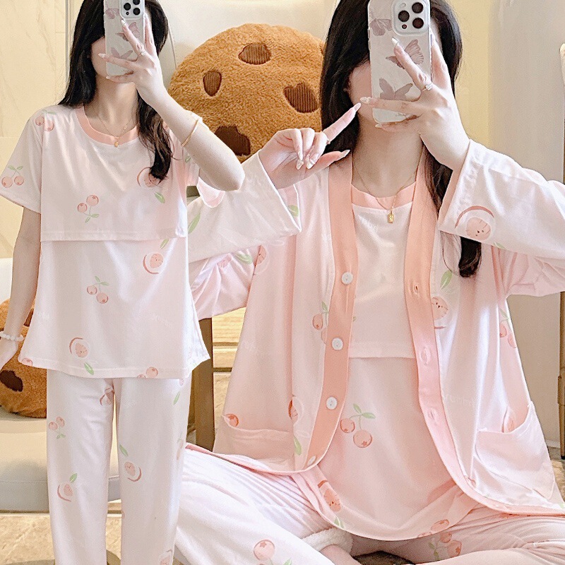 Maternity Pajamas Spring and Autumn Cotton Postpartum Nursing Three-Piece Set for Pregnant Women, Summer Thin Style for Breastfeeding Mothers