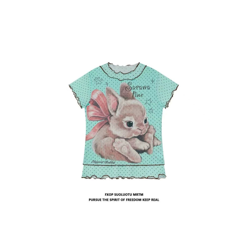Sweet and Cool Cute Rabbit Print Polka Dot Short-Sleeved T-Shirt for Women, Summer Slim Fit, Chic and Beautiful Short Top