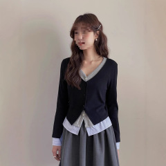 【通勤时髦法则】歌铭韩系撞色假两件针织衫女秋季长袖上衣Y2776F