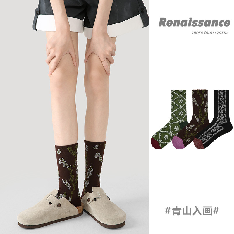 ルネッサンス新中国風秋 2025 新しいチェック柄花柄ミッドカーフソックス ins 文学ファッション女性の靴下