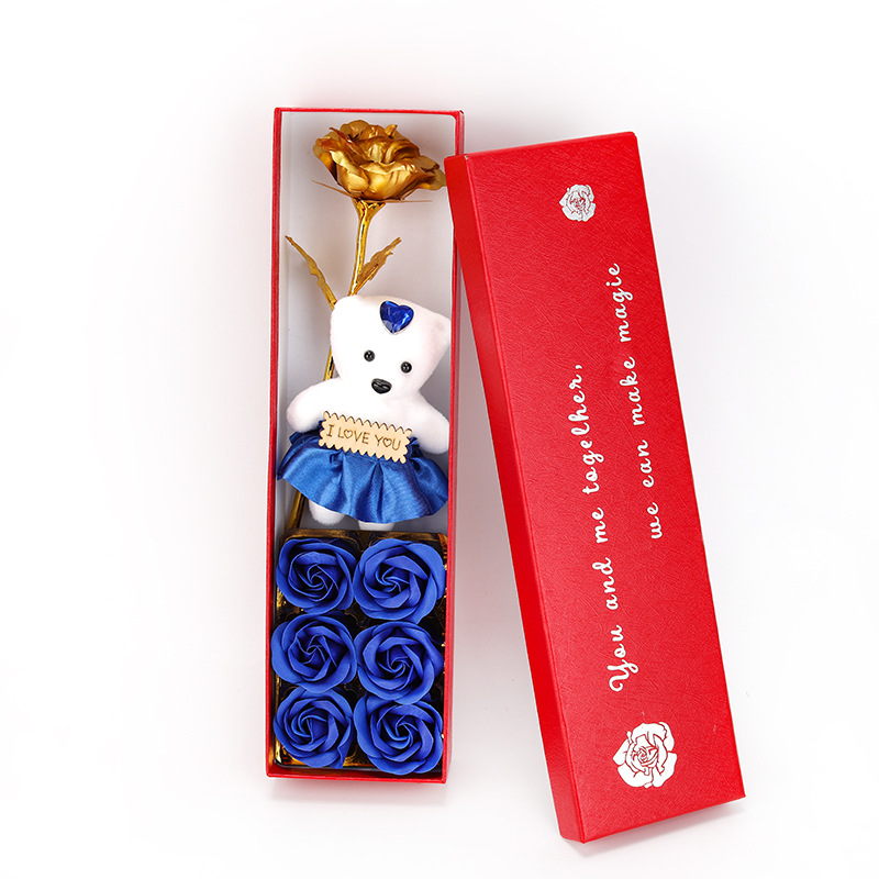 6朵+熊+金箔花红盒 蓝1