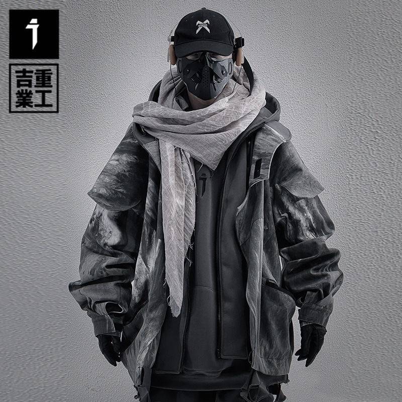(2개) JIYE 중공업 GUOCHAO NEW STYLE WEAR-OUT FAKE 2 피스 재킷 남성과 여성의 느슨한 캐주얼 폐기물 지구 스타일 후드 재킷