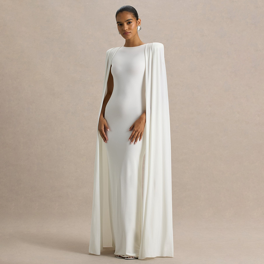 Elegant Women's Party Dress With Pleated Cape - Round Neck Solid Color Maxi Dress For Banquet & Evening Occasions_ecoleips.com
