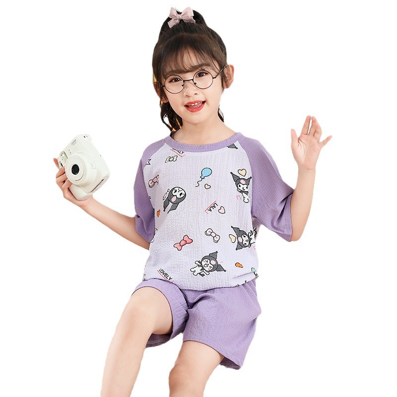 Pijamas infantiles niñas de manga corta verano espuma tejida tela arrugada dibujos animados niñas niños mayores cubierta de ropa de bebé