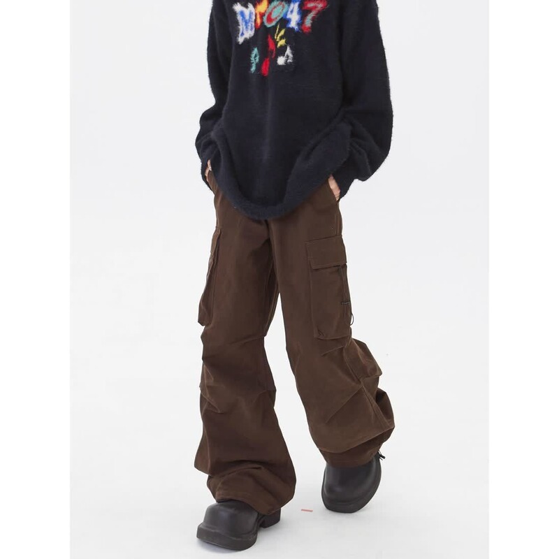 Maillard retro multi-pocket drawstring brown overalls men's and women's spring and autumn street loose straight trousers fashion brand