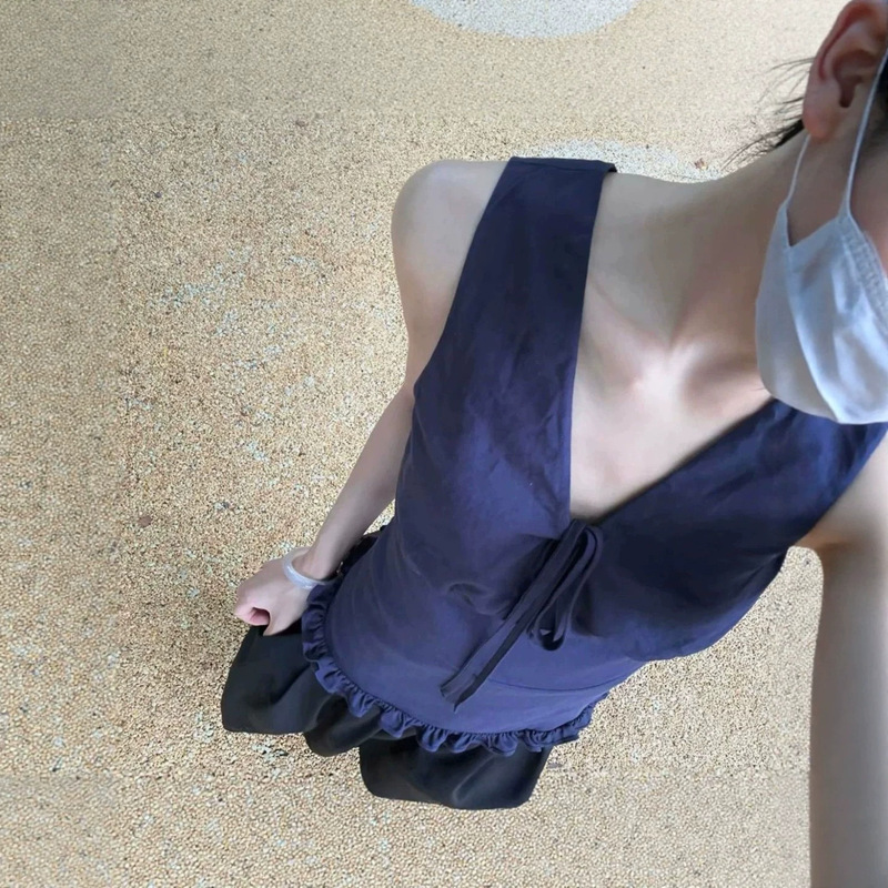 2026 New Style V-Neck Navy Blue Simple Sleeveless Design Tie-Up Vest Slim Fit Solid Color Stylish Top 2026 New Style V-Neck Navy Blue Simple Sleeveless Design Tie-Up Vest Slim Fit Solid Color Stylish Top