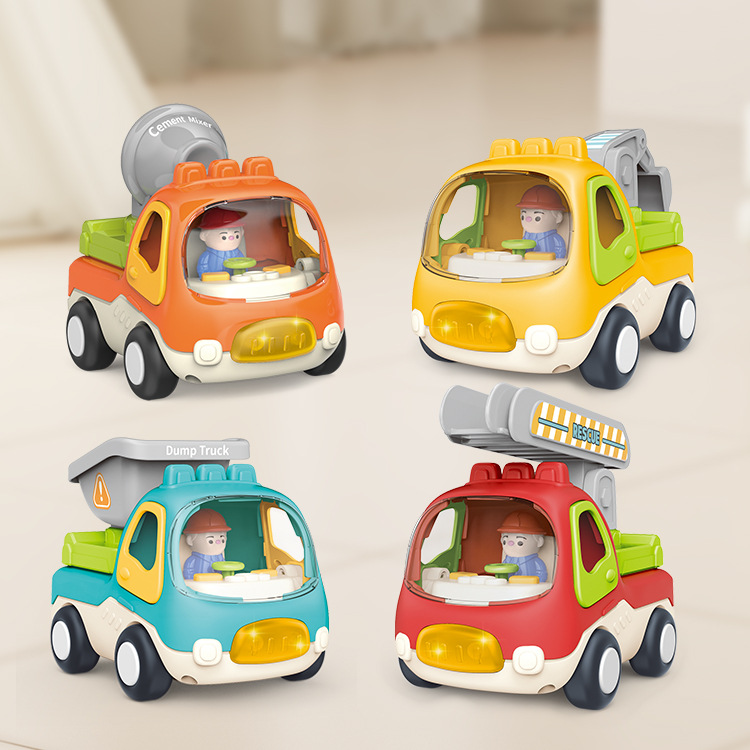Cartoon Inertia Engineering Vehicle Children's Press Card Light Music Cartoon Car Set Boy Educational Early Education Toys