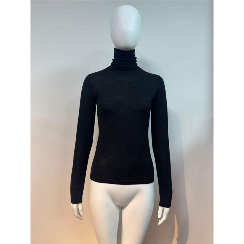 Dalang Sweater Factory Custom-Made Autumn and Winter Elegant Ladylike Black High-Neck Long-Sleeved 100% Merino Wool Sweater