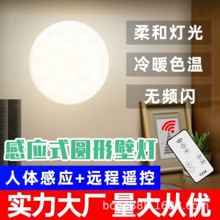Cross-border hot sale led induction lamp indoor household bedroom round small wall lamp intelligent human body induction night light