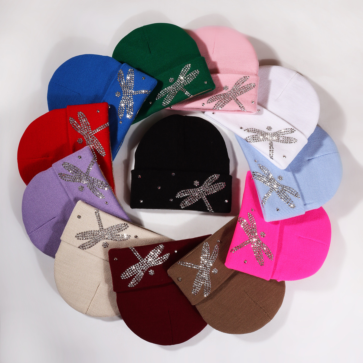 Chapéu unissex Dragonfly quente chapéu de malha com strass chapéu de malha festa outono e inverno_voghion.com