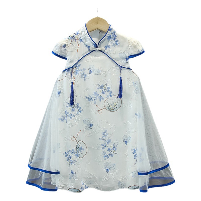 2023 New Summer Children's Cheongsam Stylish Printed Princess Dress Chinese Style Ethnic Girl's Dress