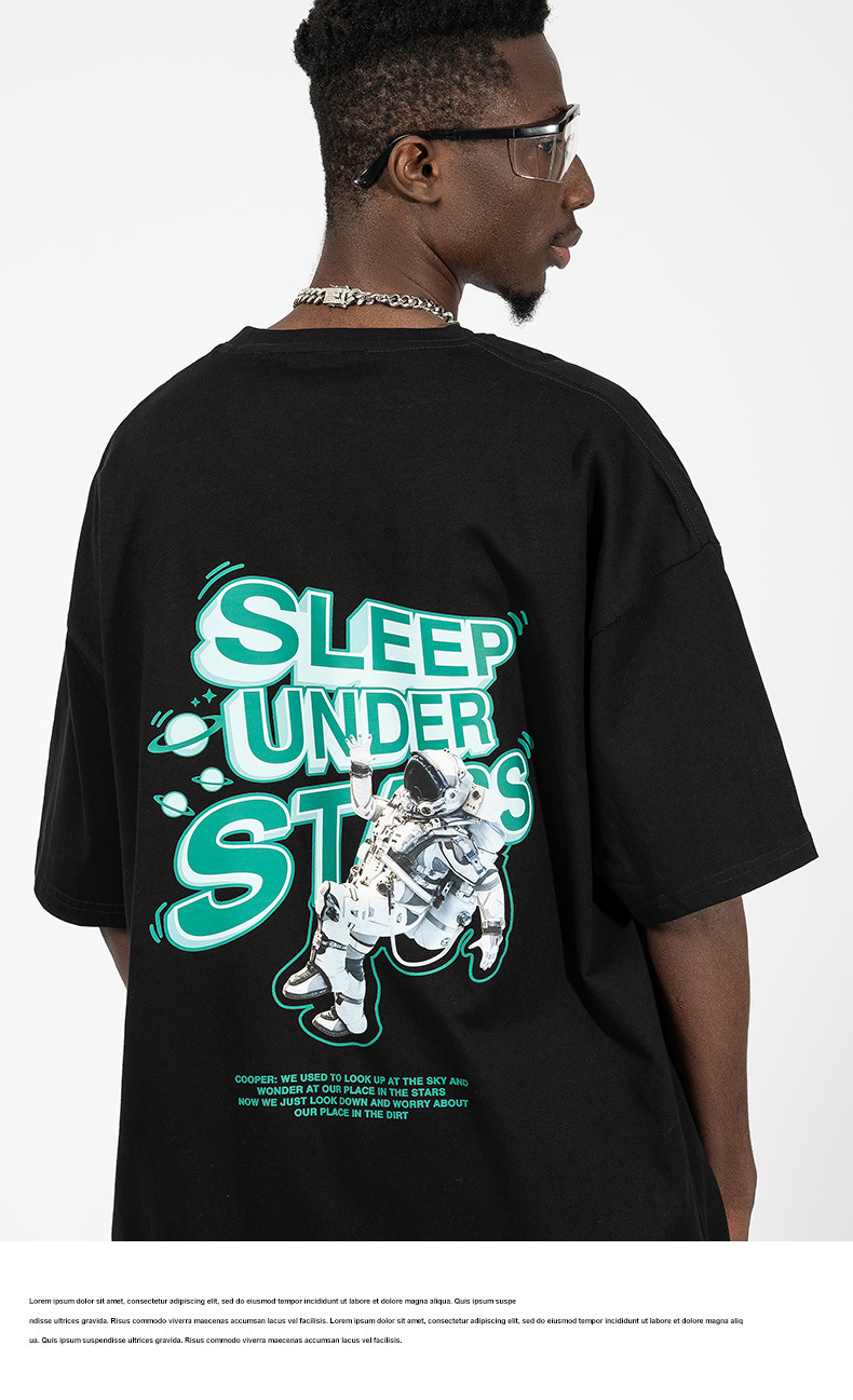 China-Chic Astronaut Printed Men's Short Sleeve T-shirt 220g Loose Large Street Hip Hop Couple Backing Shirt_voghion.com