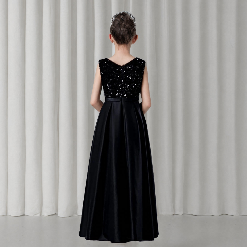 Elegantes schwarzes Prinzessinnenkleid für Mädchen – Langärmeliges Abendkleid für Klavierkonzerte, Violinkonzerte und besondere Anlässe (80-160 cm)_voghion.com