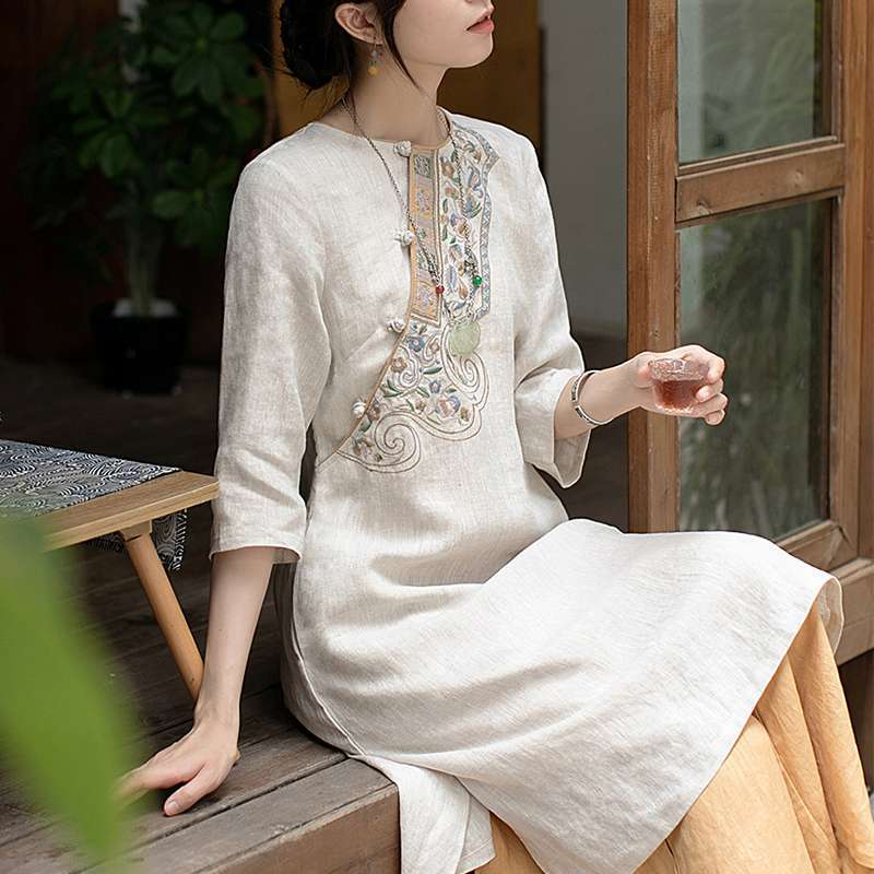 Chinese Style Dress, Cotton and Linen Top, Retro Buttoned Embroidered Floral Light Chinese Tea Dress, Women's One-Piece Dress