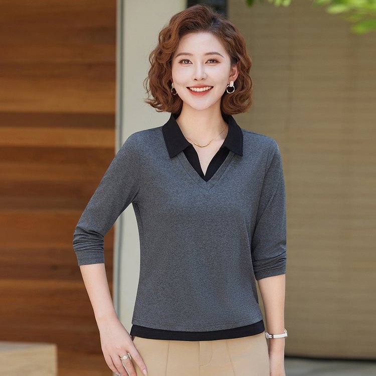 一件代发春秋季新款翻领长袖t恤女打底衫2025百搭显瘦上衣妈妈装|undefined